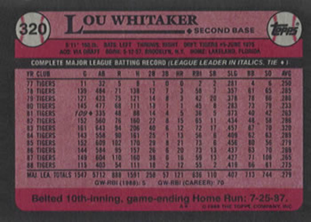 Lou Whitaker - Tigers #320 Topps 1989 Baseball Trading Card