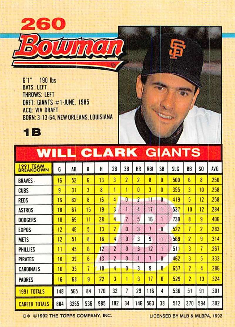 1992 Bowman #260 Will Clark San Francisco Giants NM-MT