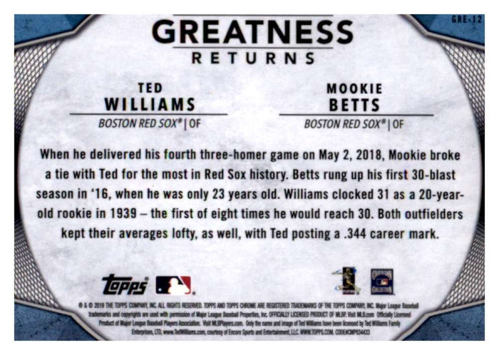 2019 Topps Chrome - Greatness Returns #GRE-12 - Ted Williams, Mookie Betts