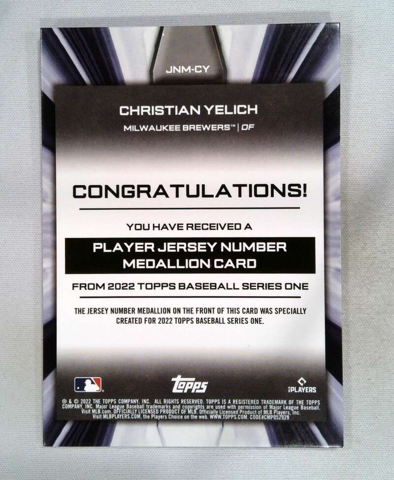 2) 2022 Topps Jersey Number Medallion Christian Yelich # JNM-CY, M3 Brewers