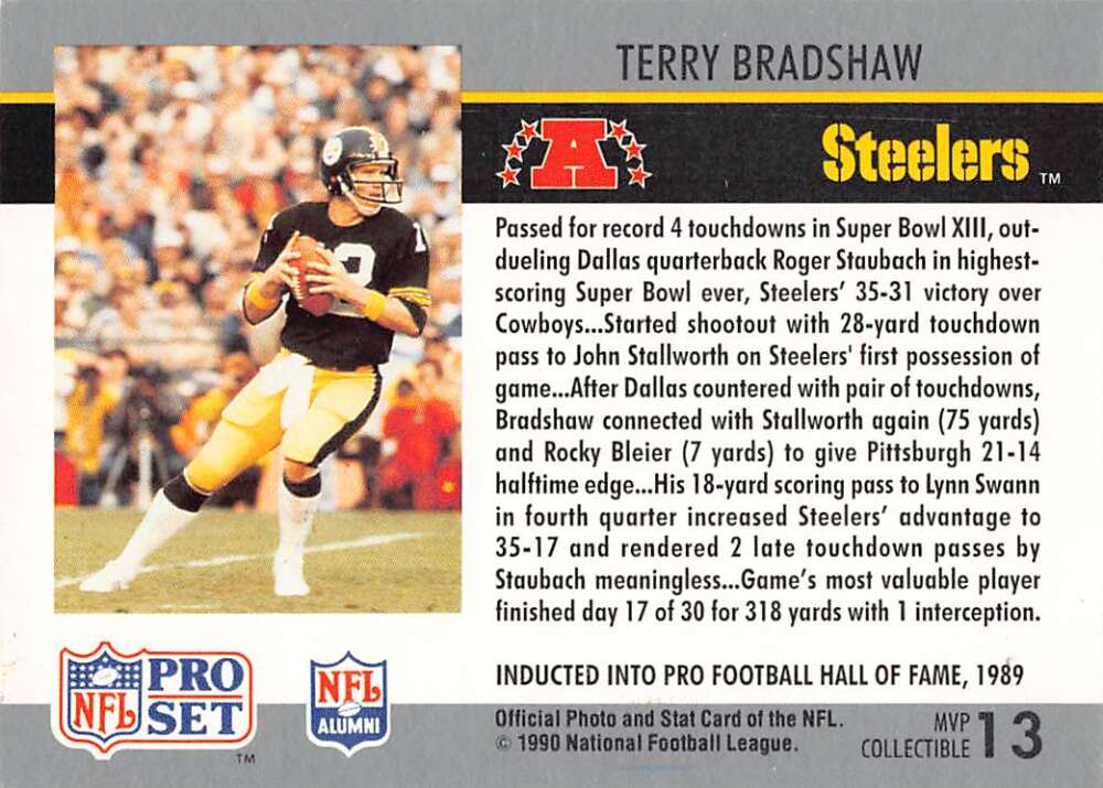 1990 pro set super bowl mvp terry bradshaw pittsburgh steelers