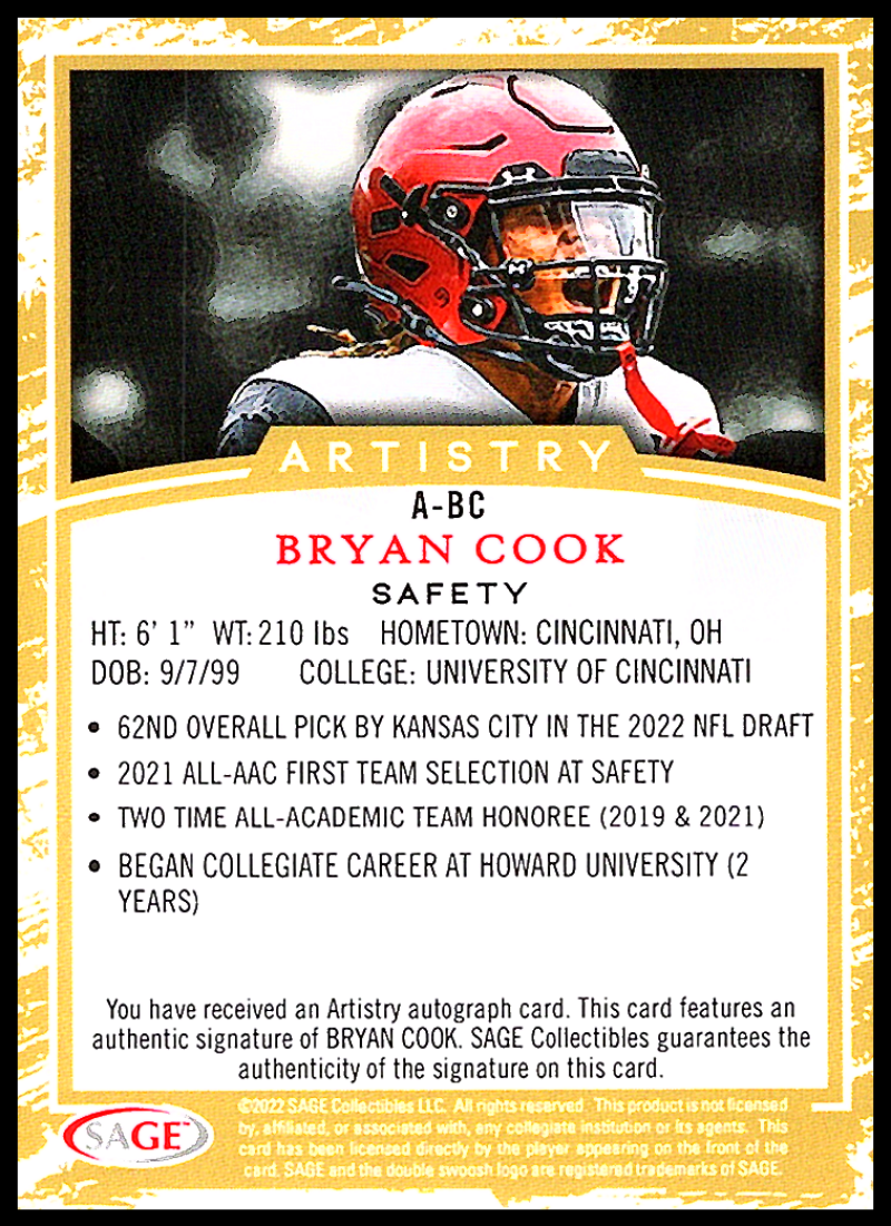 2022 SAGE Artistry Autographs Gray/Black Border Football Checklist