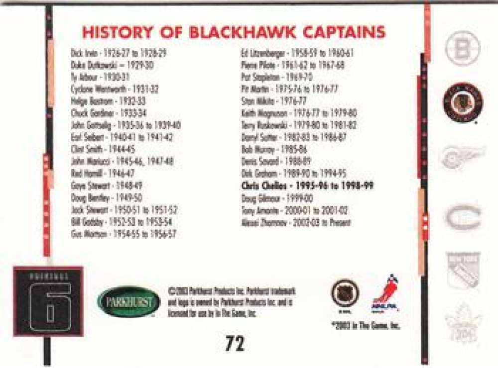 2003-04 Parkhurst Original Six Chicago Blackhawks - Pick A Card